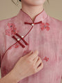 Graceful Watermelon Red Floral Silk Linen Layered Cheongsam Dress