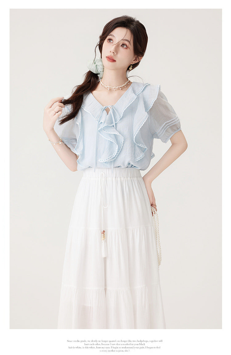 Charming Ruffled Blue Blouse & White Tiered Skirt Set - Masion Chérie