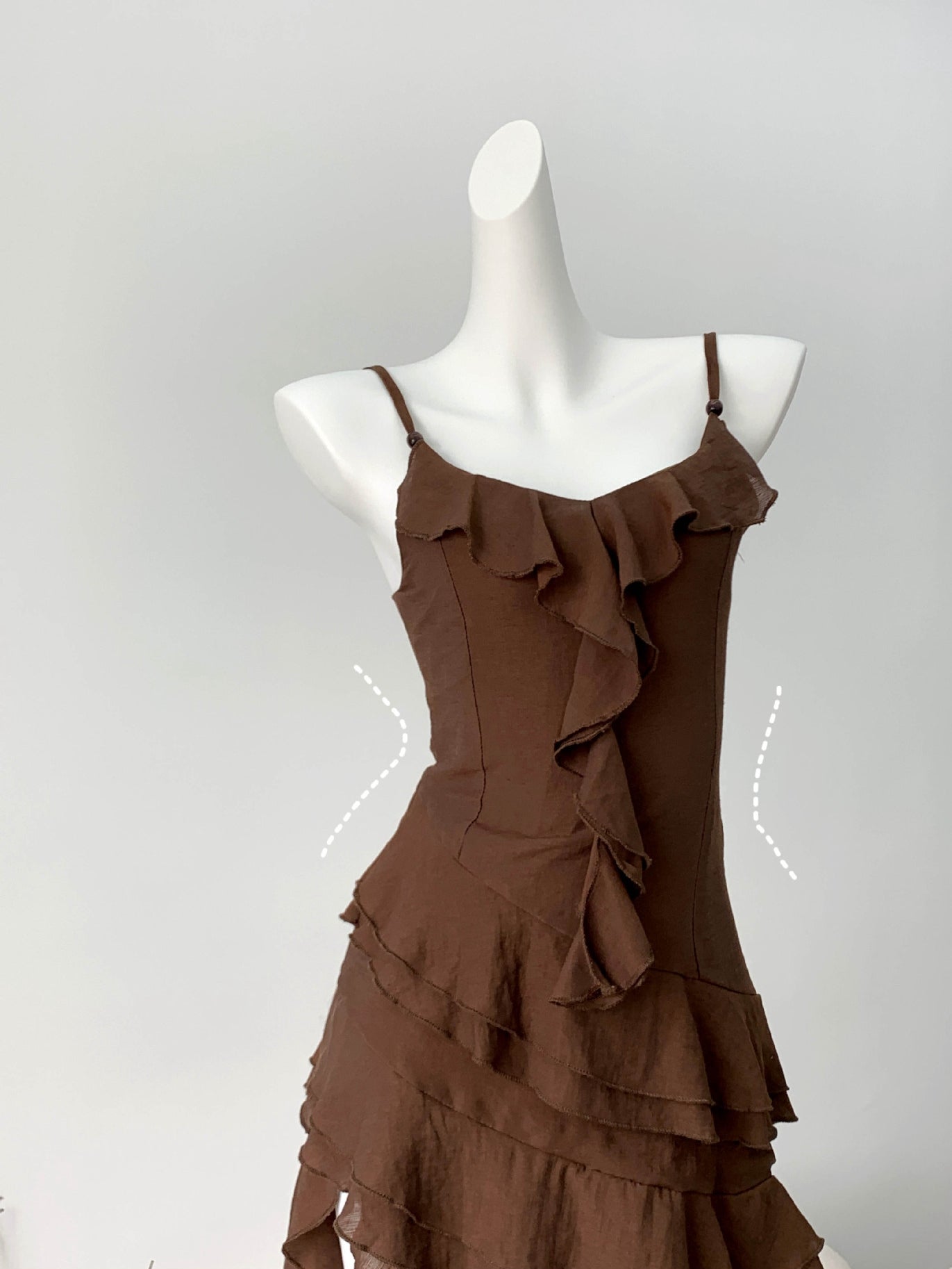 Chic Asymmetrical Ruffle Brown Spaghetti Strap Dress - Masion Chérie