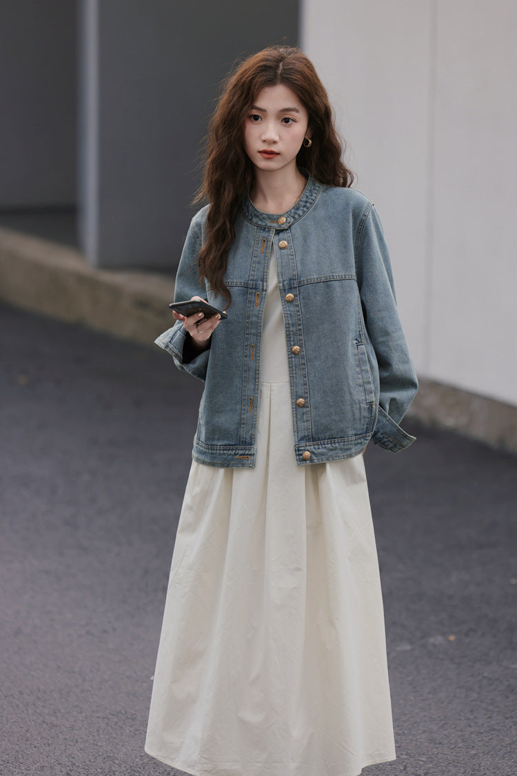 Vintage-Inspired Denim Button-Front Jacket