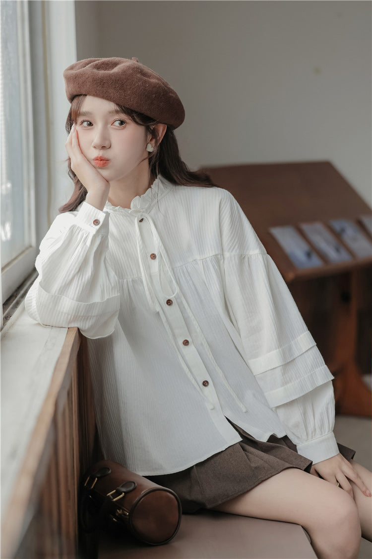 Whimsical White Button-Front Ruffle Collar Blouse