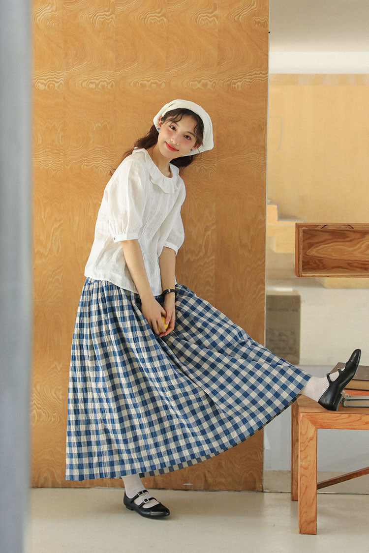 Blue and White Gingham A-Line Midi Skirt - Masion Chérie