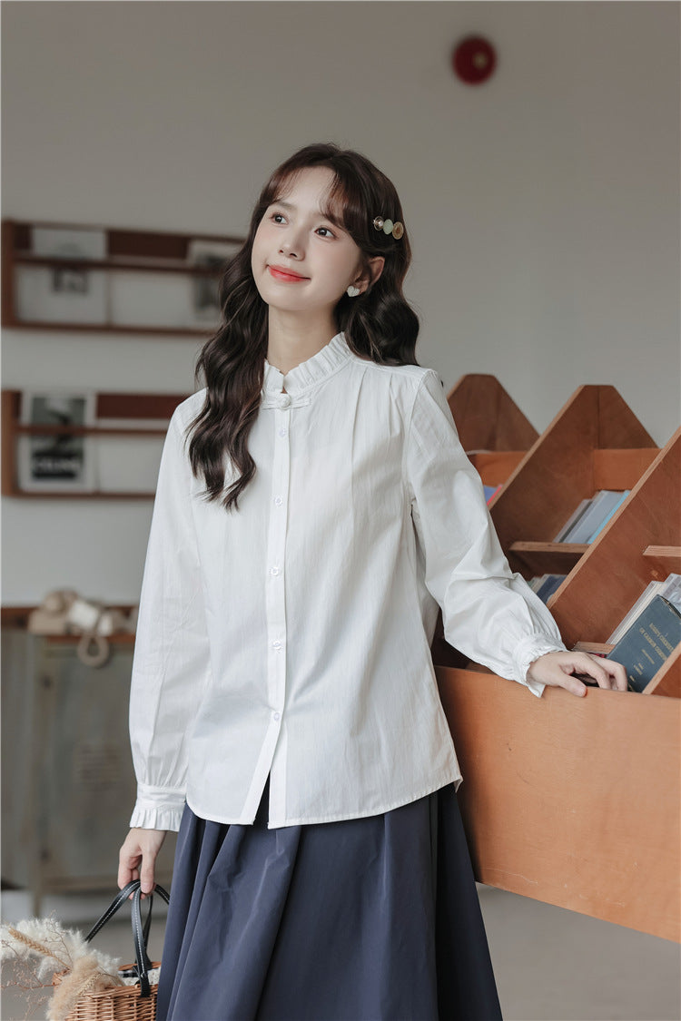 Charming White Ruffled Collar Button-Down Blouse