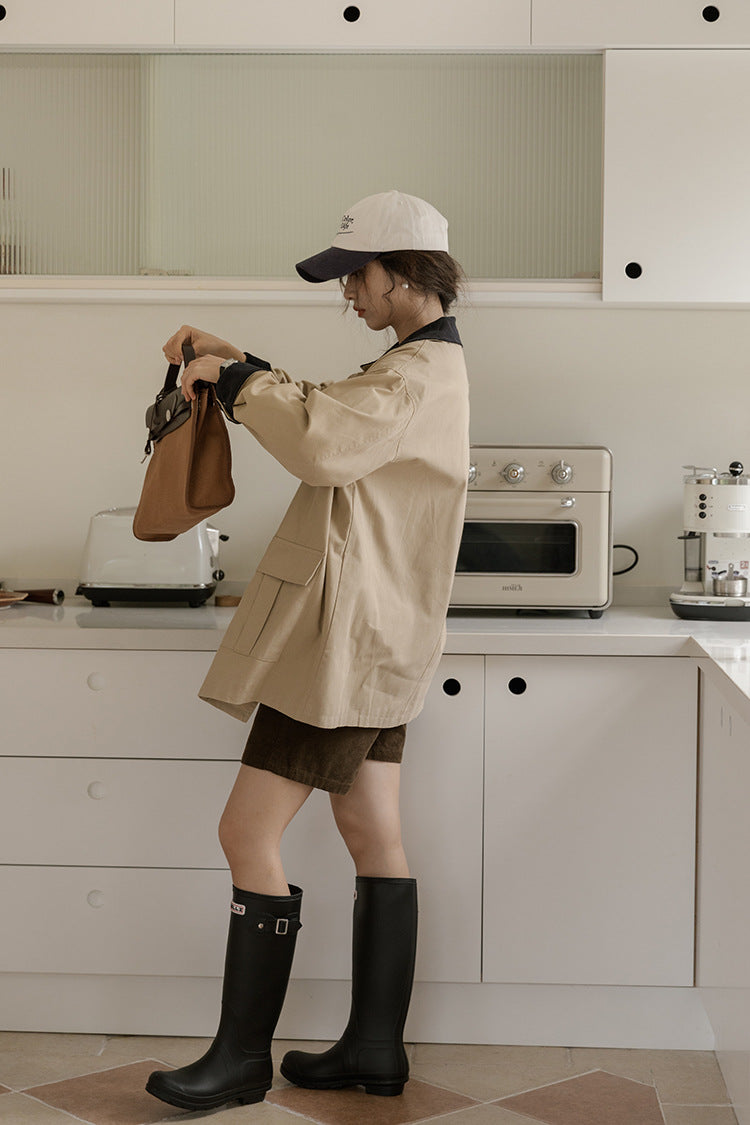 Khaki Two-Tone Contrast Collar Casual Jacket