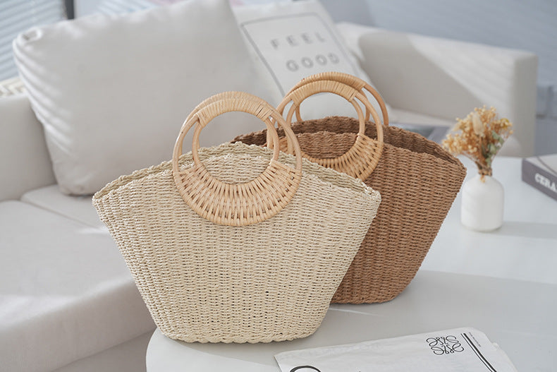 Rattan Handle Straw Tote Bag Vacation Beach Tote Bag - Masion Chérie