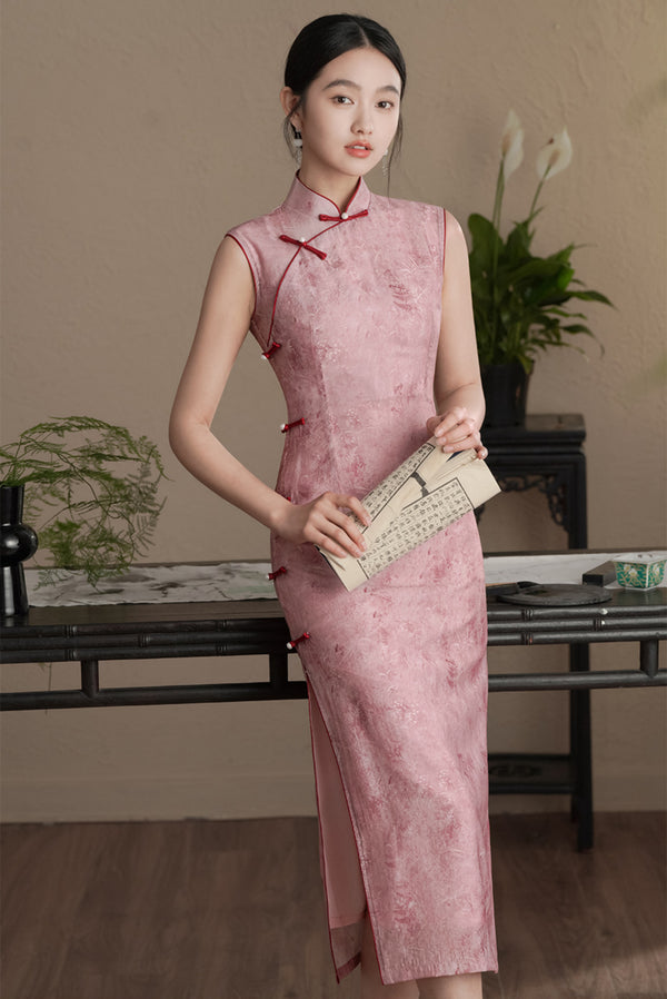 Rose Pink Silk-Blend Tencel Cheongsam Dress