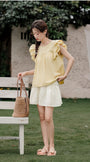 Yellow Ruffled Sleeve Blouse and Floral Mini Skirt Set