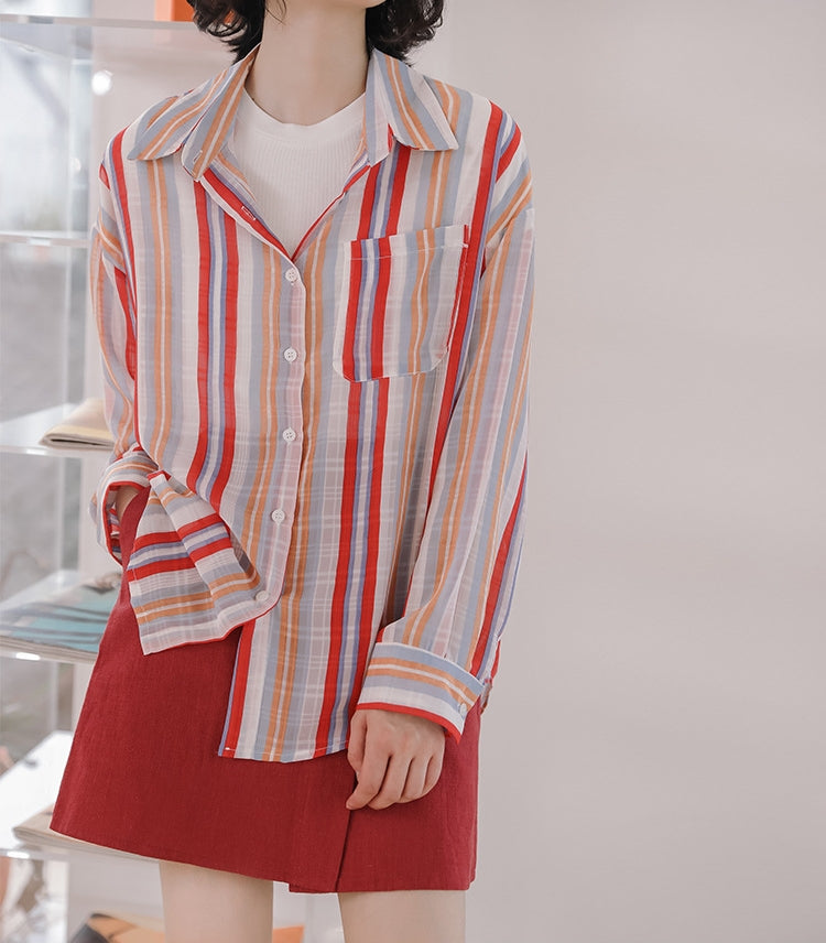 Vibrant Striped Button-Up Long Sleeve Blouse - Masion Chérie