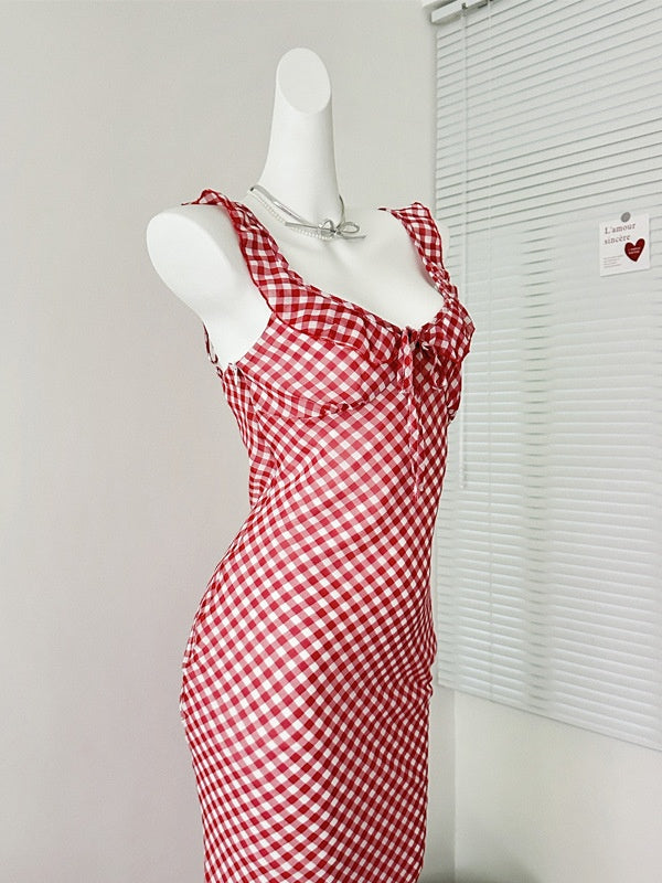 Cherry Red Plaid Mermaid Strap Dress - Masion Chérie