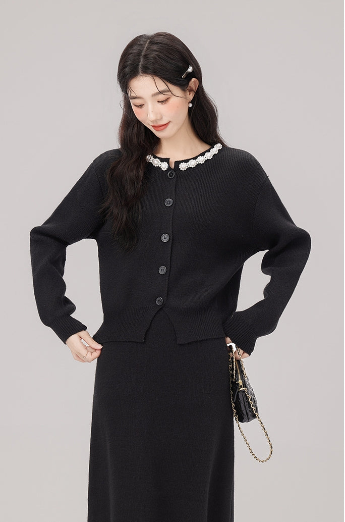 Elegant Embellished Collar Black Knit Cardigan and Skirt Set