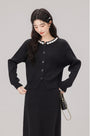 Elegant Embellished Collar Black Knit Cardigan and Skirt Set