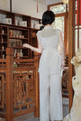 Elegant Ivory Floral Embroidered Cheongsam Three Piece Set