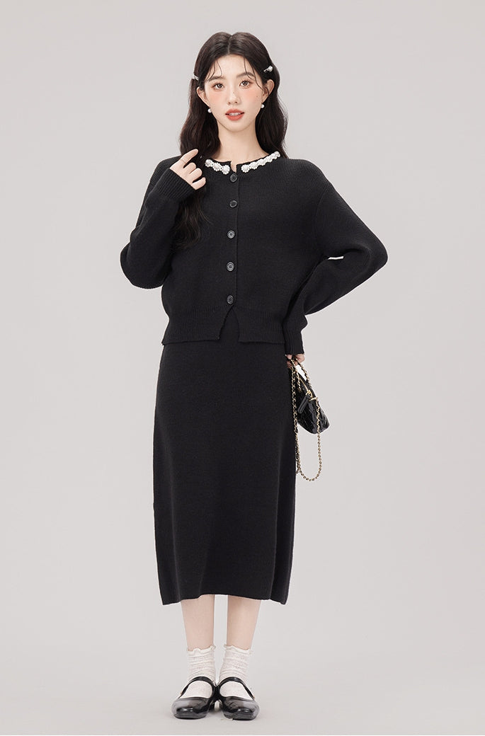 Elegant Embellished Collar Black Knit Cardigan and Skirt Set