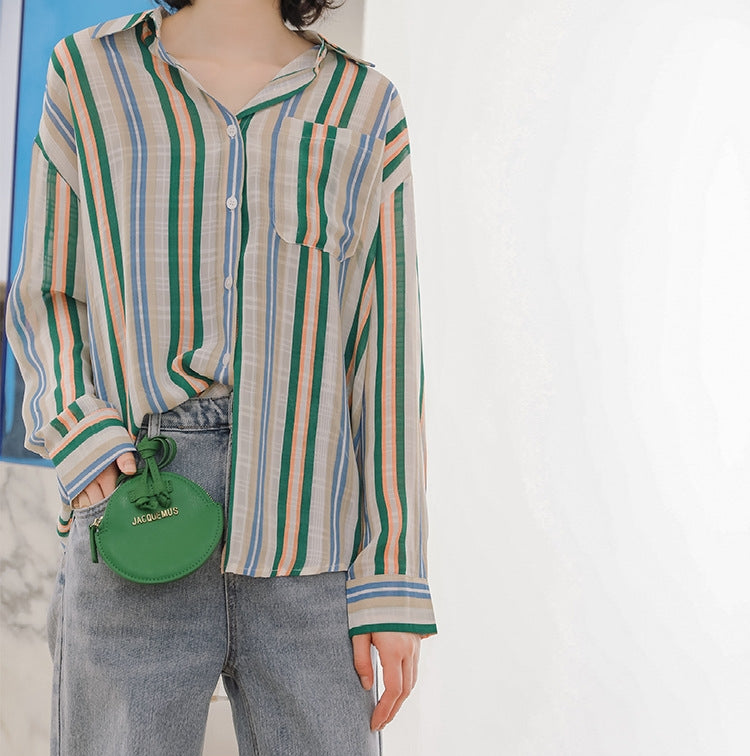 Vibrant Striped Button-Up Long Sleeve Blouse - Masion Chérie