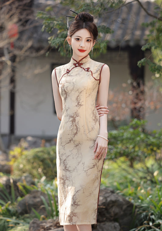 Vintage Ink Wash Tencel Linen Sleeveless Cheongsam Dress