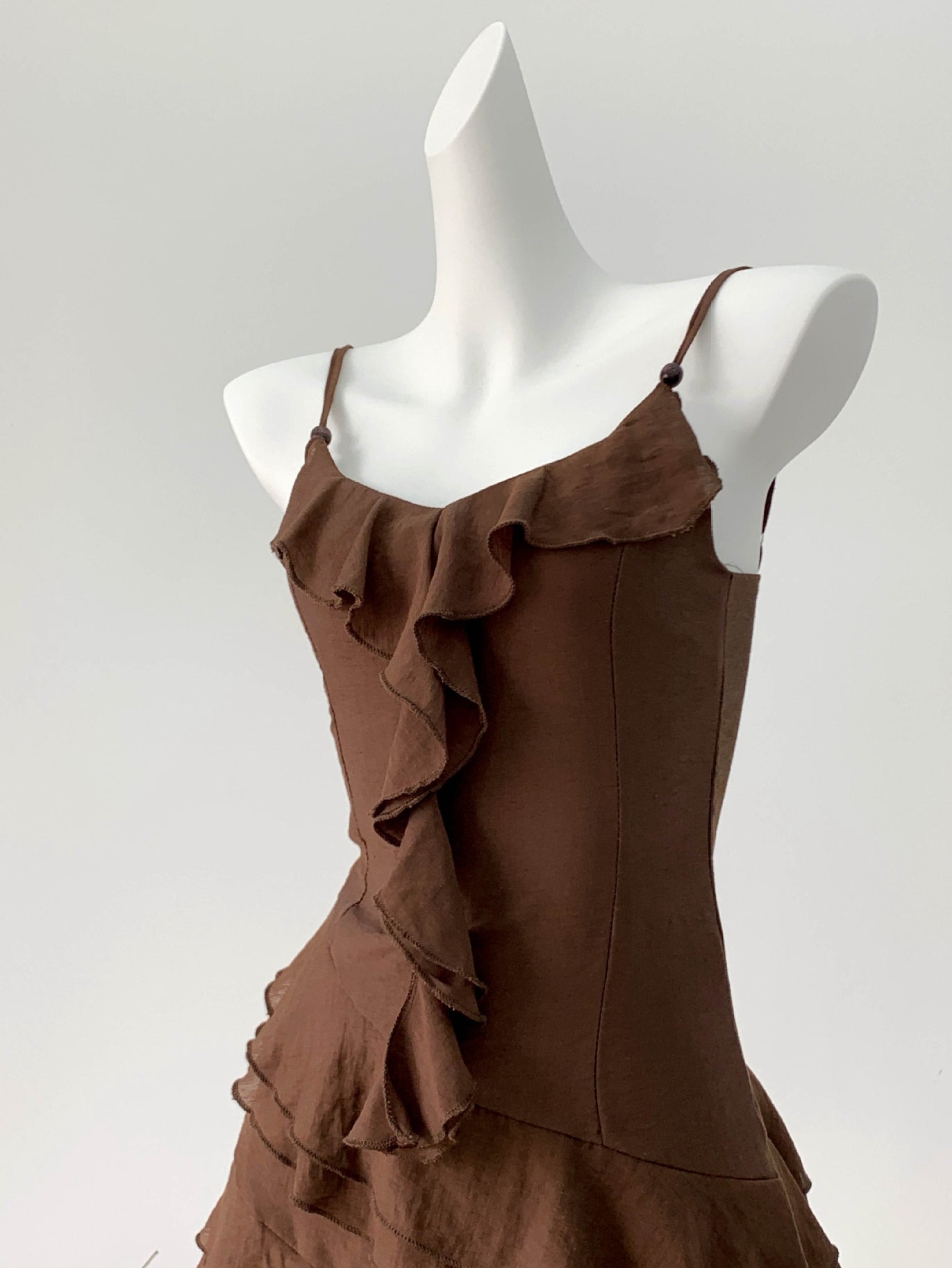 Chic Asymmetrical Ruffle Brown Spaghetti Strap Dress - Masion Chérie