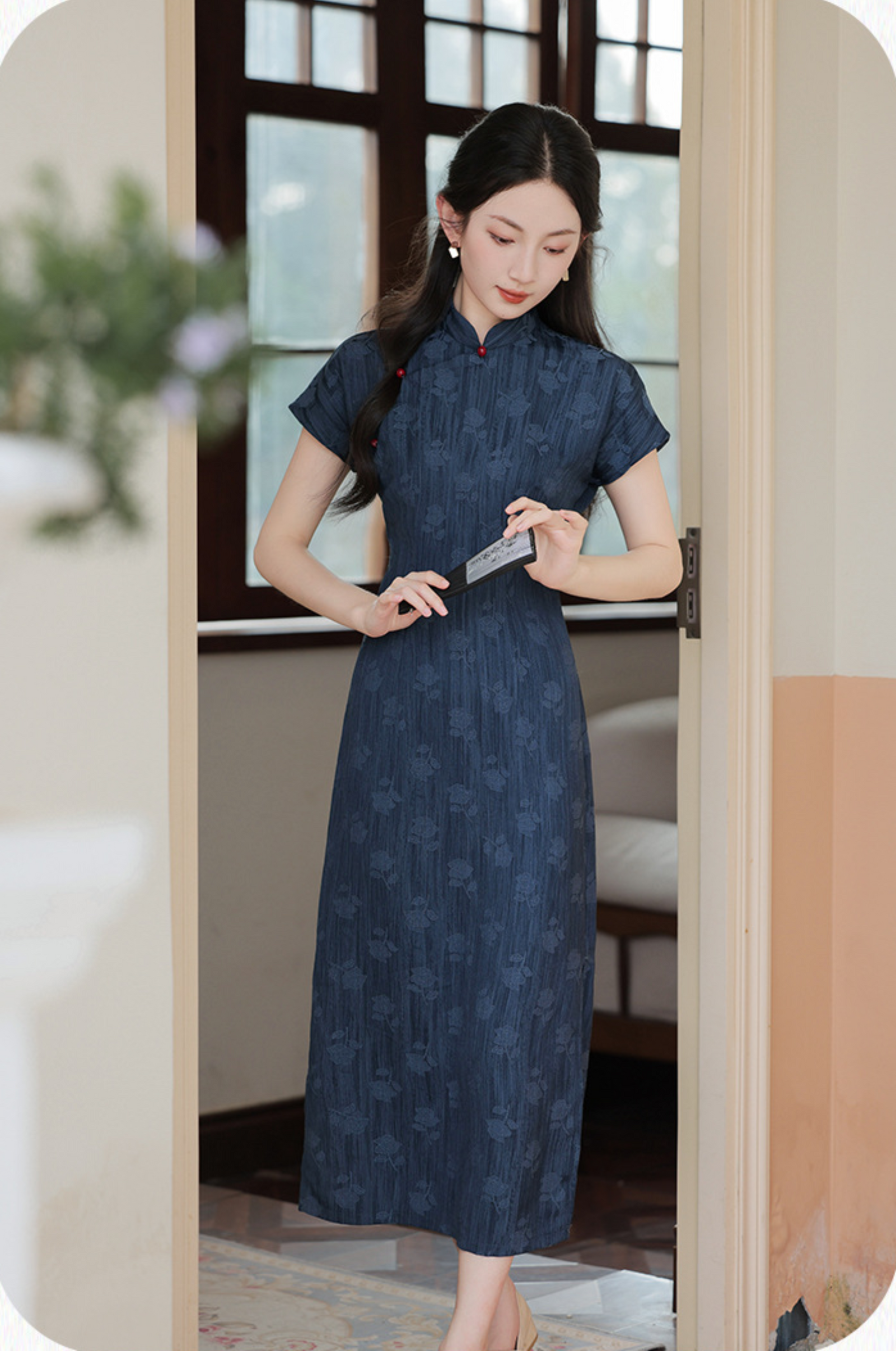 Vintage Navy Blue Floral Modified Cheongsam Dress