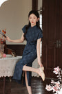 Vintage Navy Blue Floral Modified Cheongsam Dress