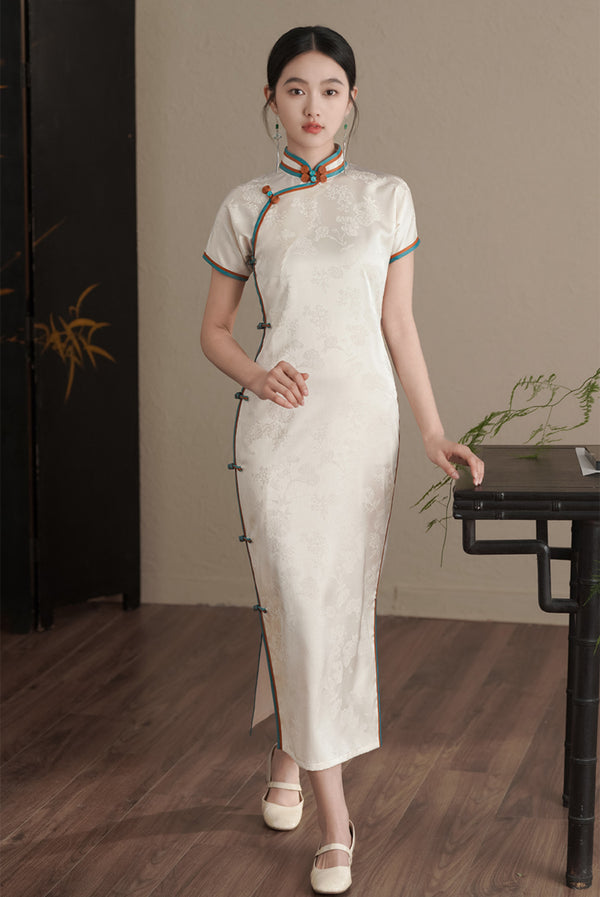 Ivory Woven Jacquard Cheongsam Dress