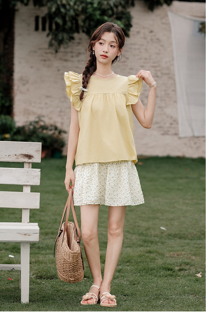 Yellow Ruffled Sleeve Blouse and Floral Mini Skirt Set