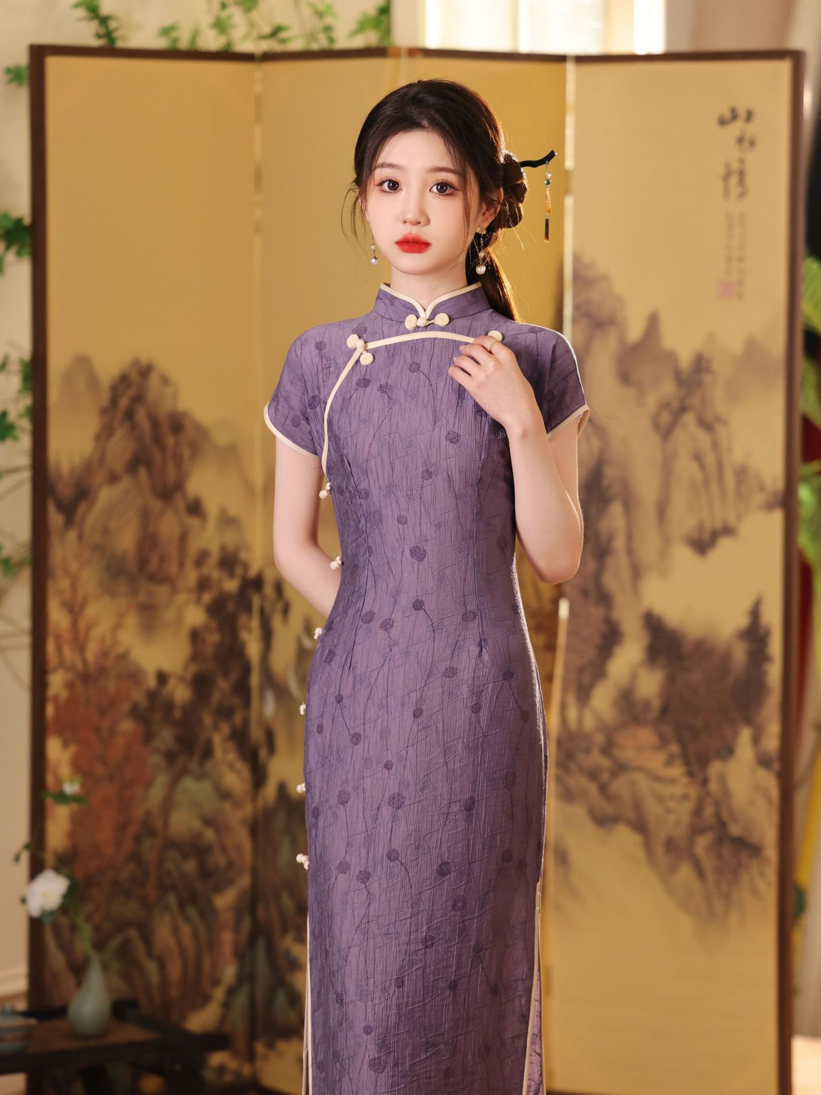 Lavender Tencel Cotton Modified Cheongsam Dress