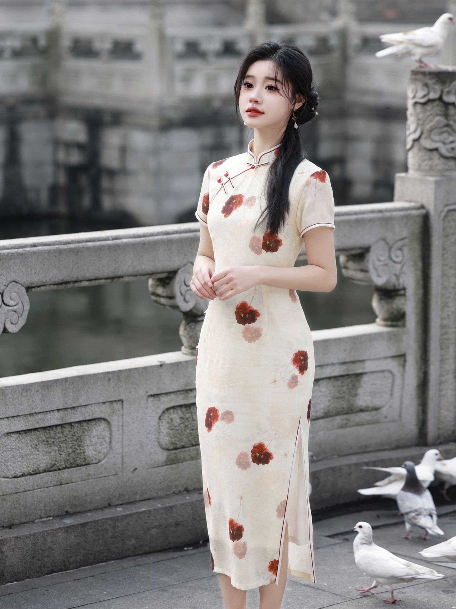 Delicate Ivory Floral Print Cheongsam Dress