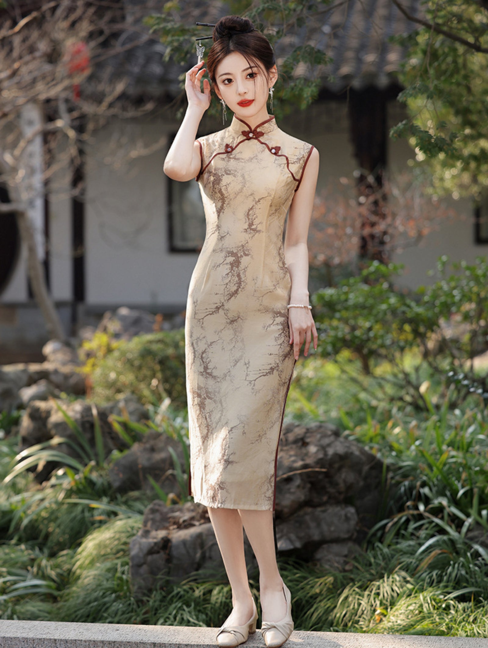 Vintage Ink Wash Tencel Linen Sleeveless Cheongsam Dress