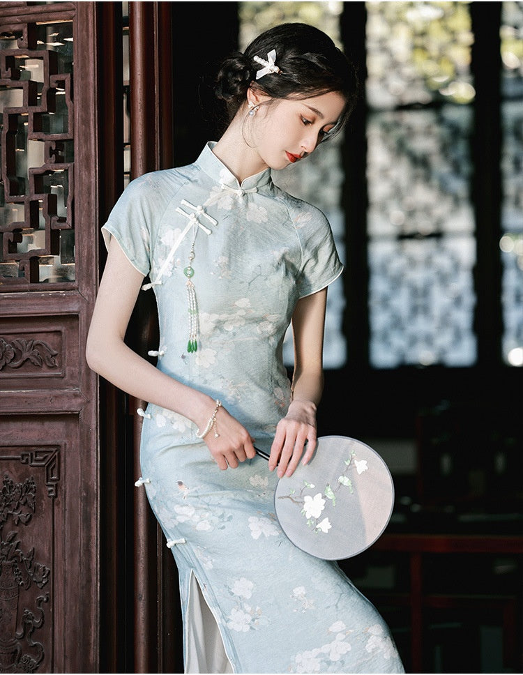 Elegant Blue Floral Print Cheongsam Dress - Masion Chérie