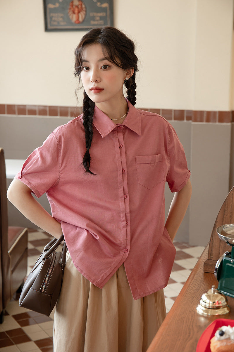 Vintage Pink Short Sleeve Button-Down Shirt - Masion Chérie