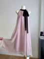 Elegant Pink Halter Neck Midi Dress with Black Bow Accent - Masion Chérie