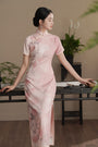 Blush Pink Rose Print Jacquard Cheongsam Dress