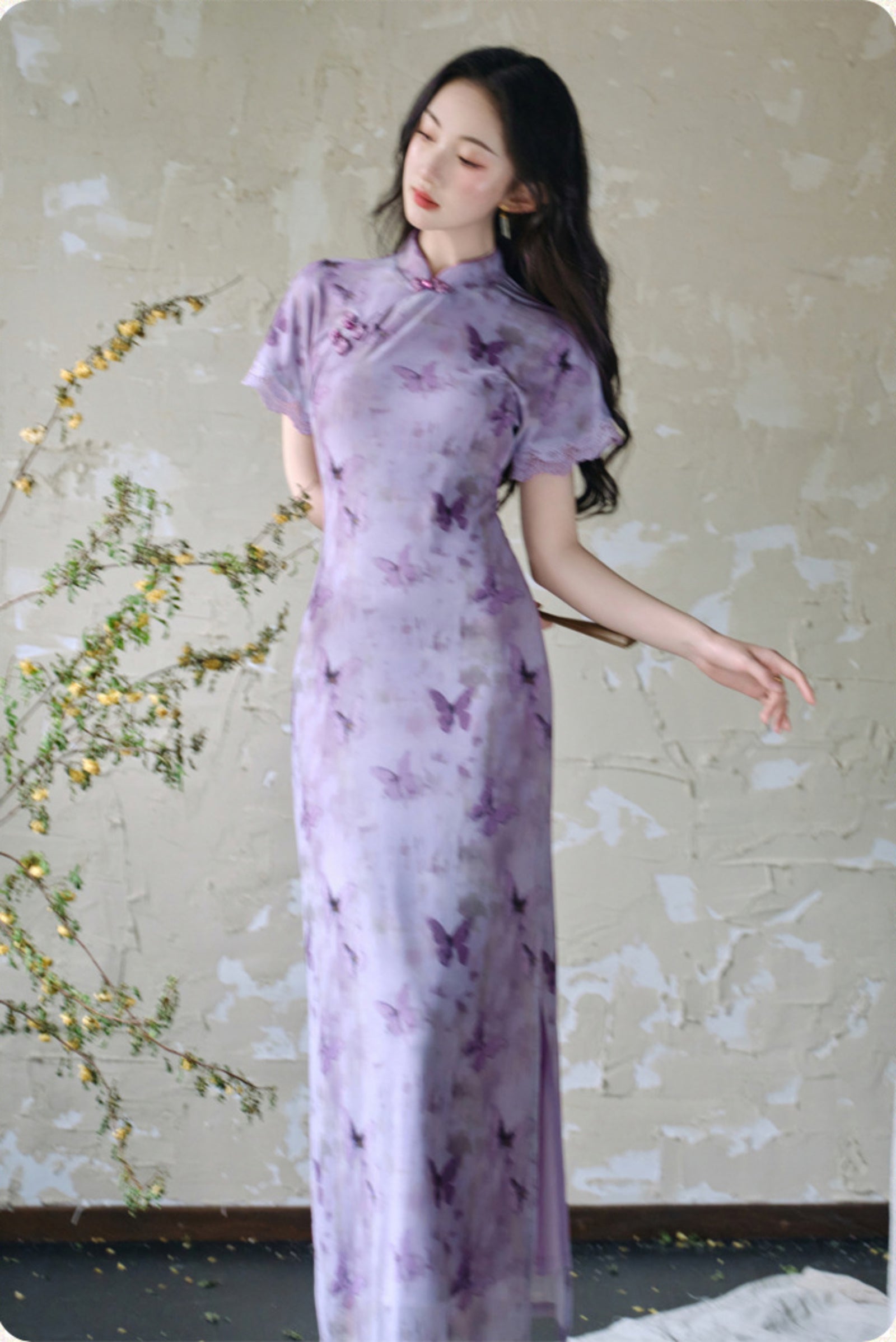 Butterfly Print Violet Cheongsam Dress