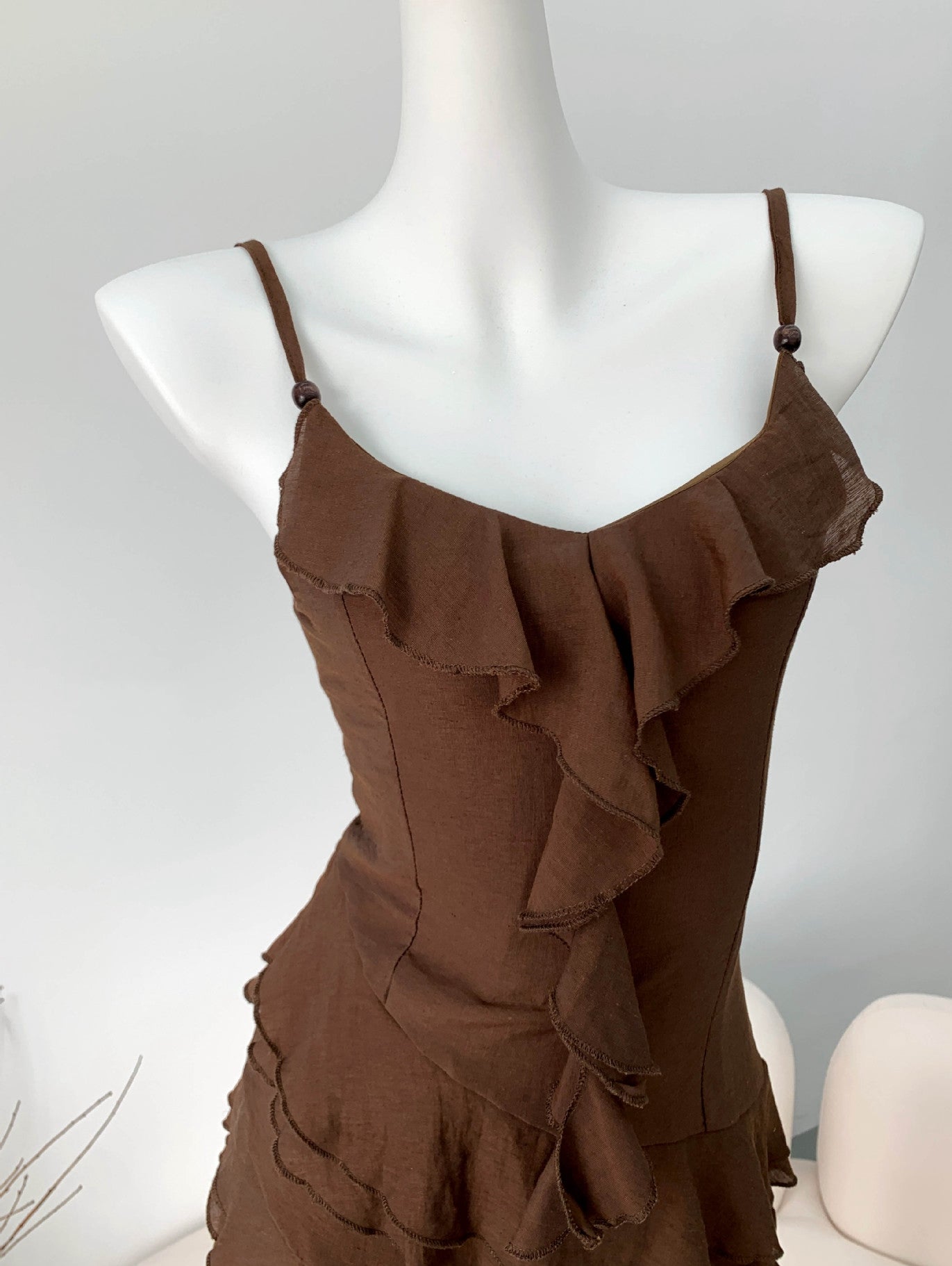 Chic Asymmetrical Ruffle Brown Spaghetti Strap Dress - Masion Chérie