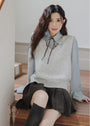 Light Blue Ribbon Tie Button-Up Shirt Grey Knit Vest Set