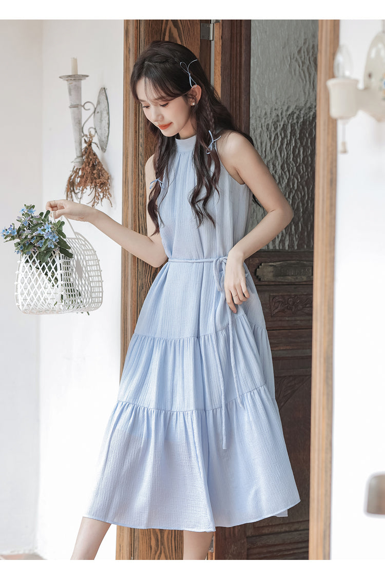 Elegant Periwinkle Tiered Halter Neck Midi Dress - Masion Chérie