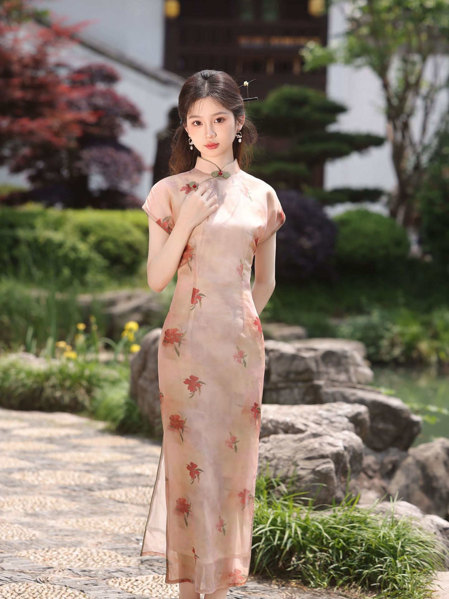 Elegant Floral Print Mandarin Collar Cheongsam Dress - Masion Chérie