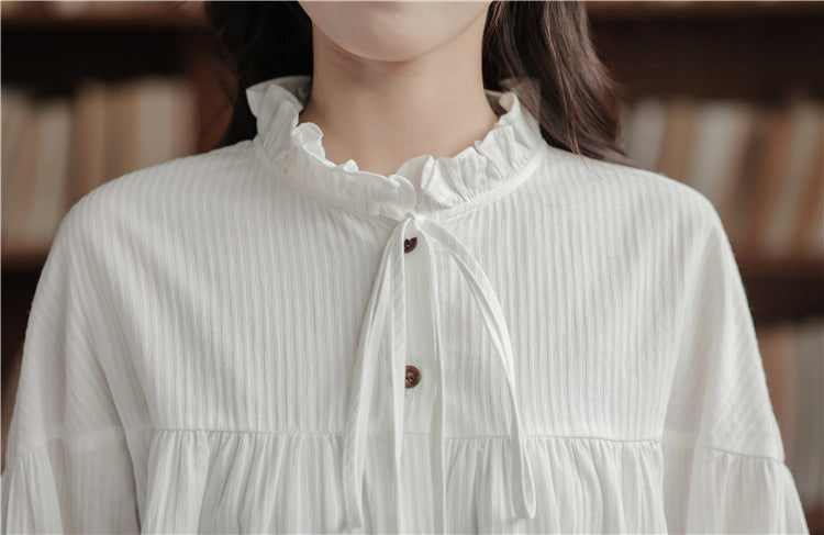 Whimsical White Button-Front Ruffle Collar Blouse