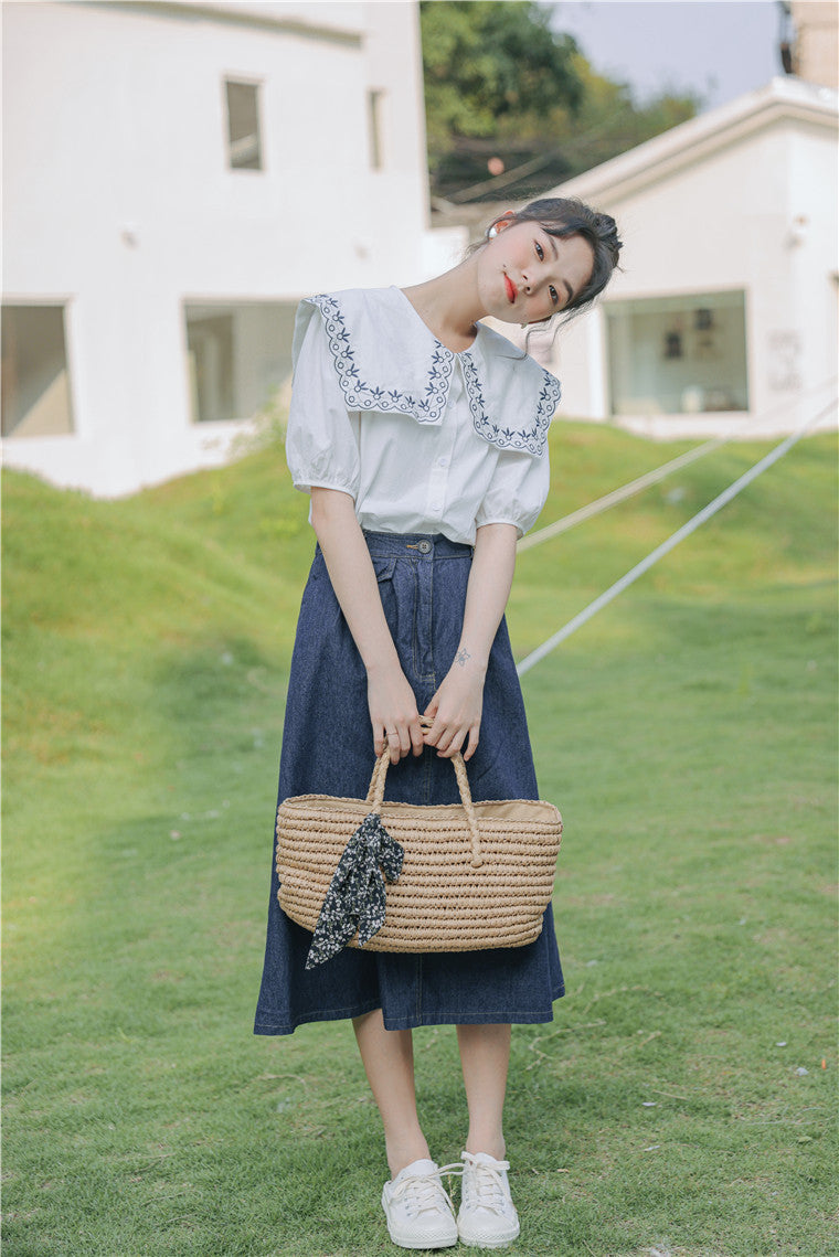 White Embroidered Peter Pan Collar Button-Down Blouse - Masion Chérie