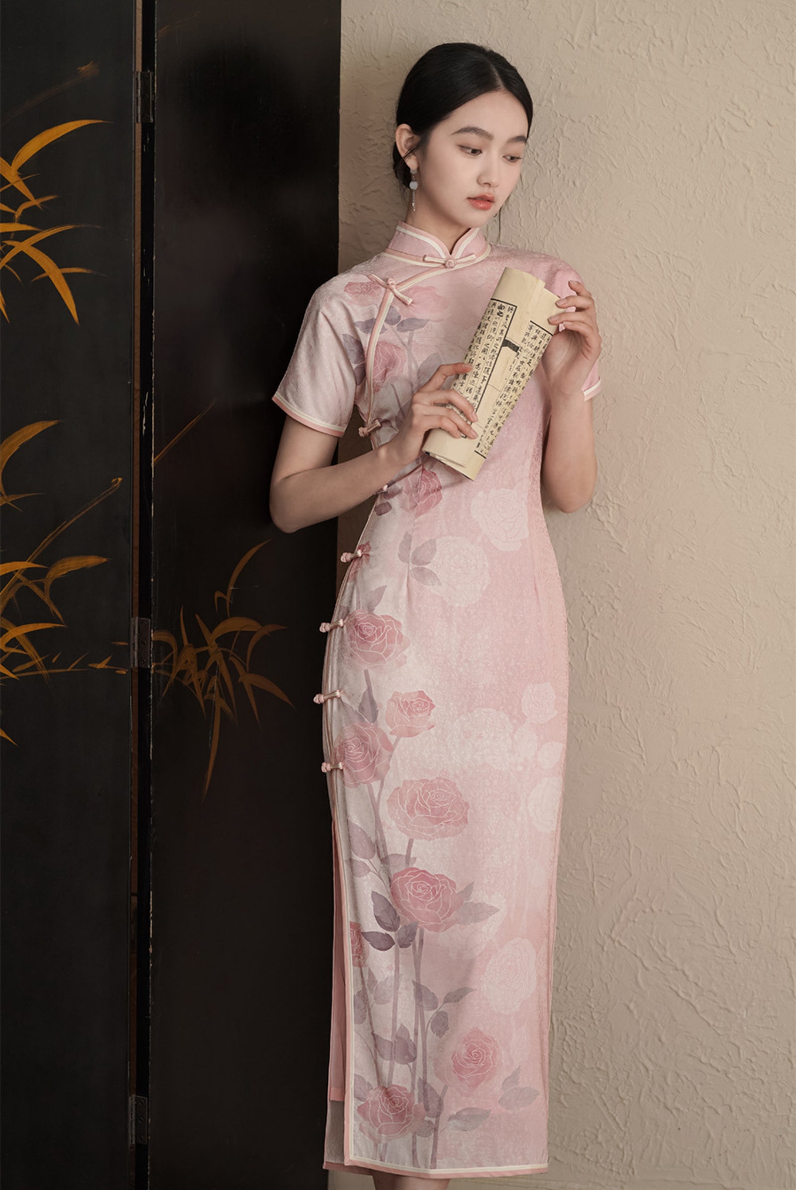 Blush Pink Rose Print Jacquard Cheongsam Dress