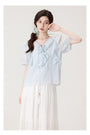 Charming Ruffled Blue Blouse & White Tiered Skirt Set - Masion Chérie