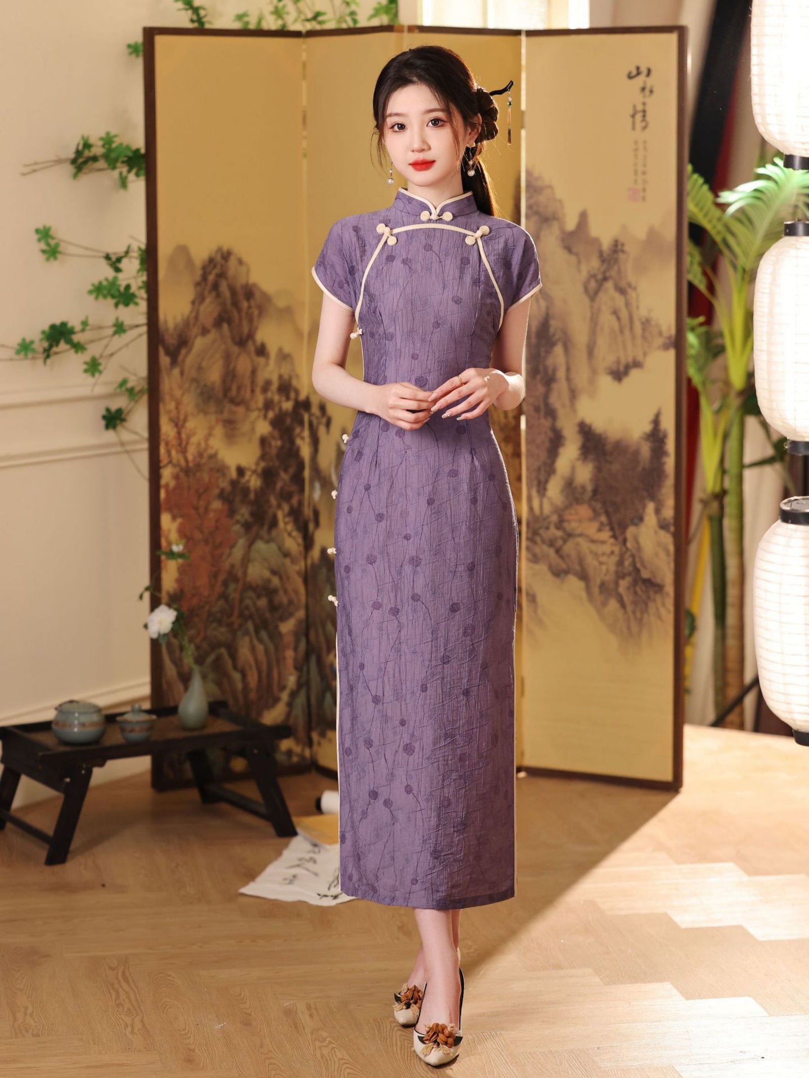 Lavender Tencel Cotton Modified Cheongsam Dress