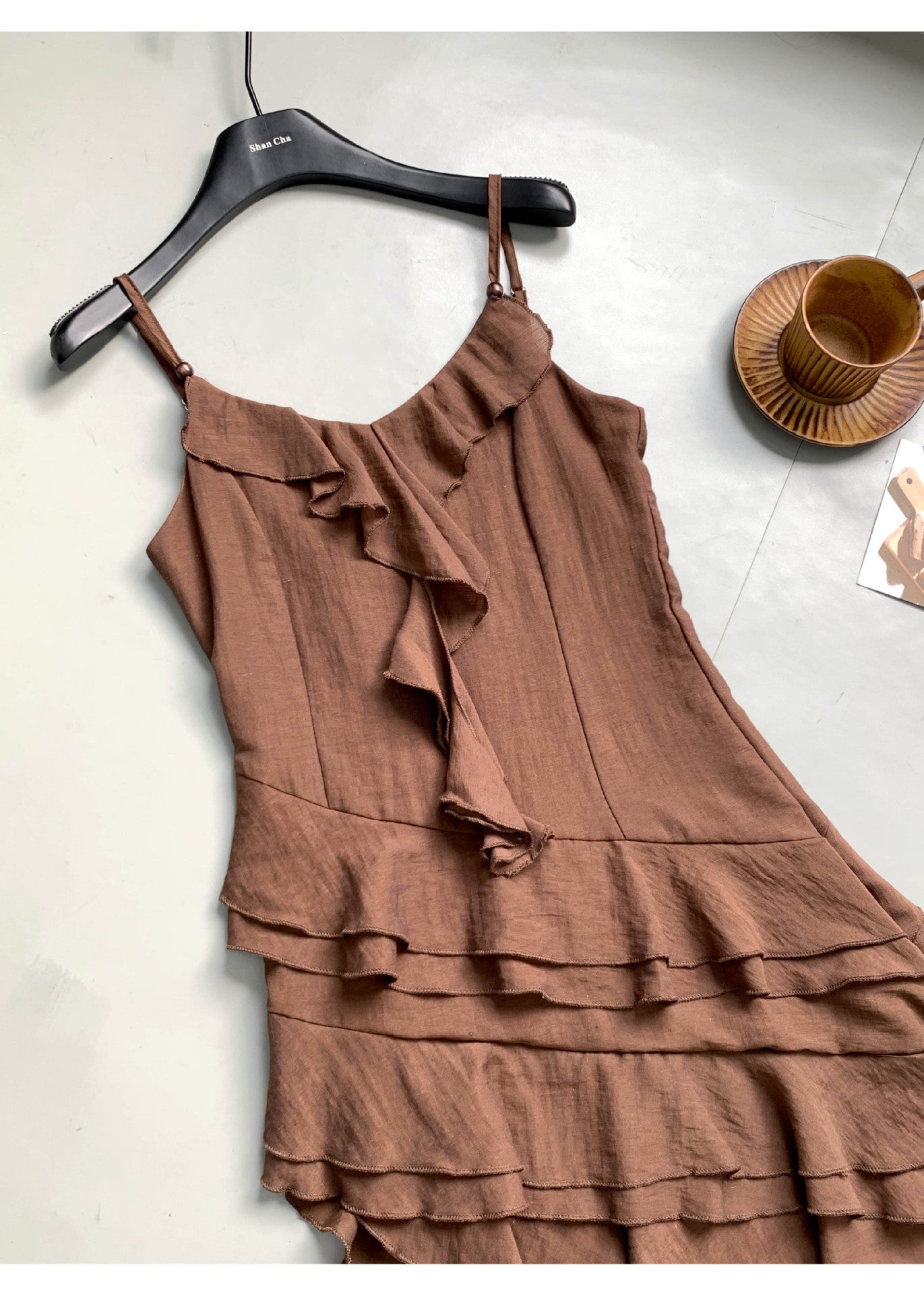 Chic Asymmetrical Ruffle Brown Spaghetti Strap Dress - Masion Chérie