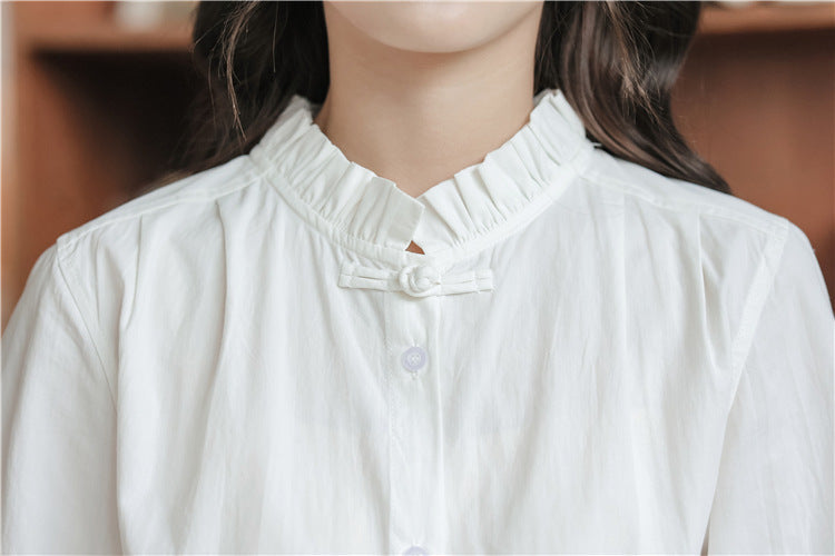 Charming White Ruffled Collar Button-Down Blouse