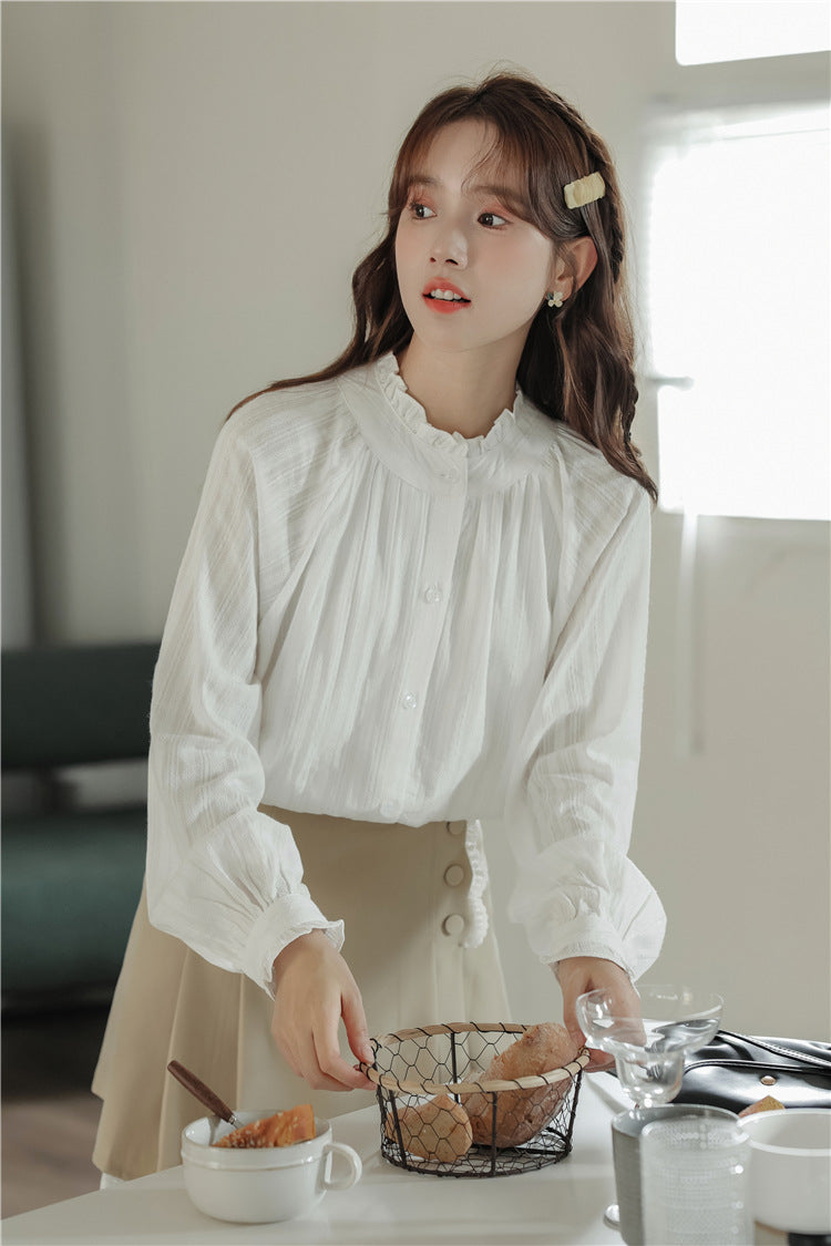 Elegant White Ruffled Buttoned Front Blouse