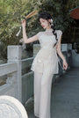 Elegant Ivory Floral Embroidered Cheongsam Three Piece Set