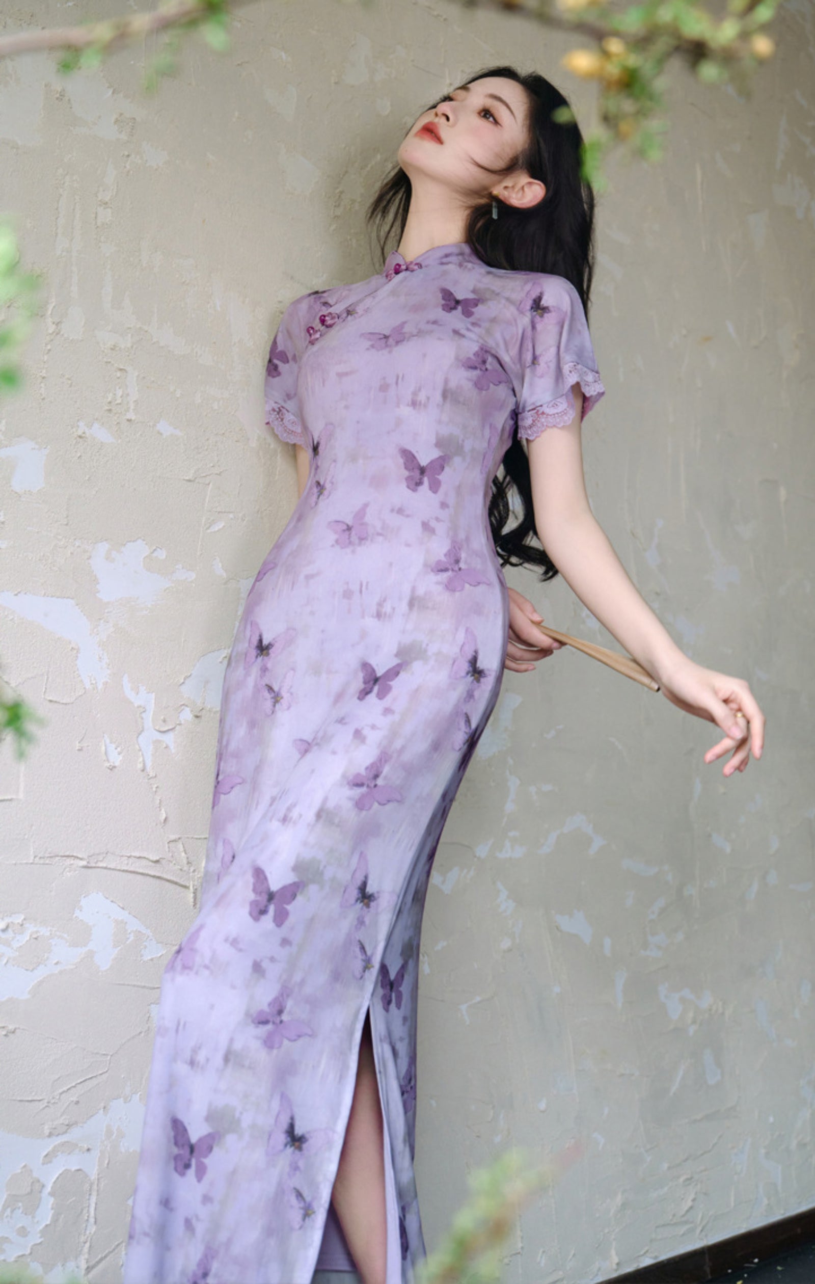 Butterfly Print Violet Cheongsam Dress