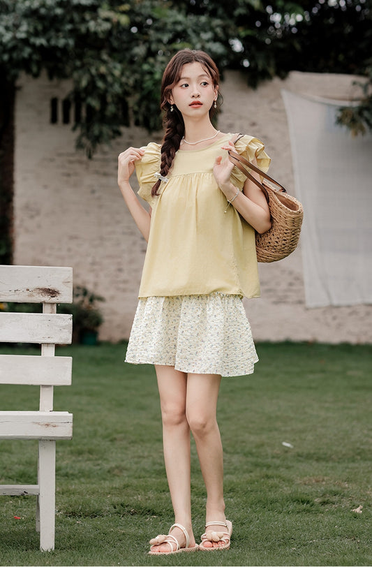 Yellow Ruffled Sleeve Blouse and Floral Mini Skirt Set