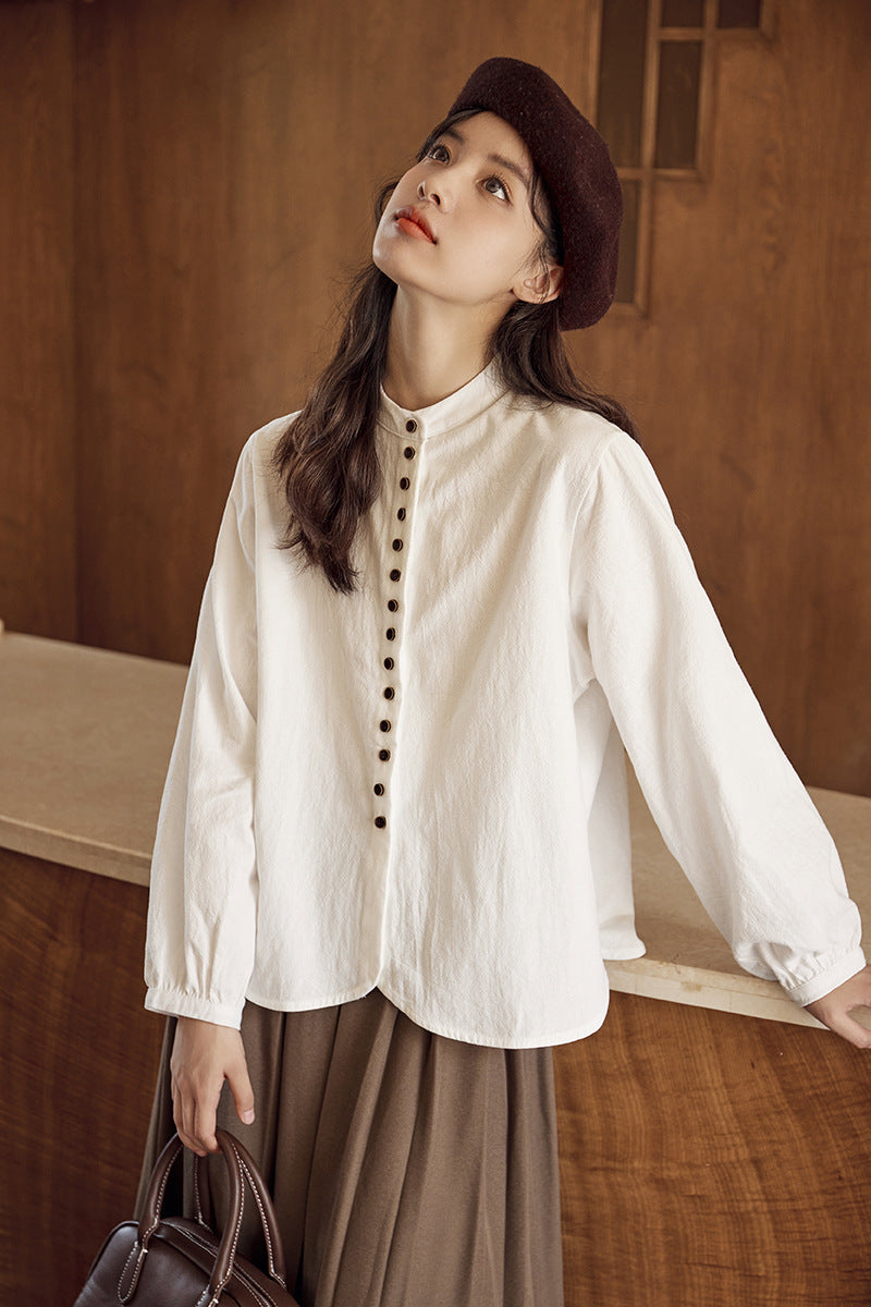 White Long Sleeve Button-Down Blouse - Masion Chérie