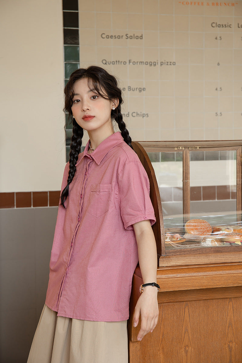 Vintage Pink Short Sleeve Button-Down Shirt - Masion Chérie