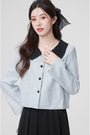 Bow-Tie Collar Blue Buttoned Blouse and Pleated Black Skirt Set